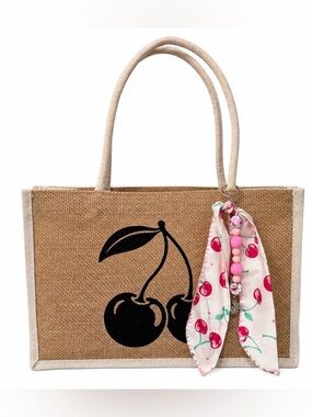 Burlap Tote Bag with Black Cherry Print and beaded Charm